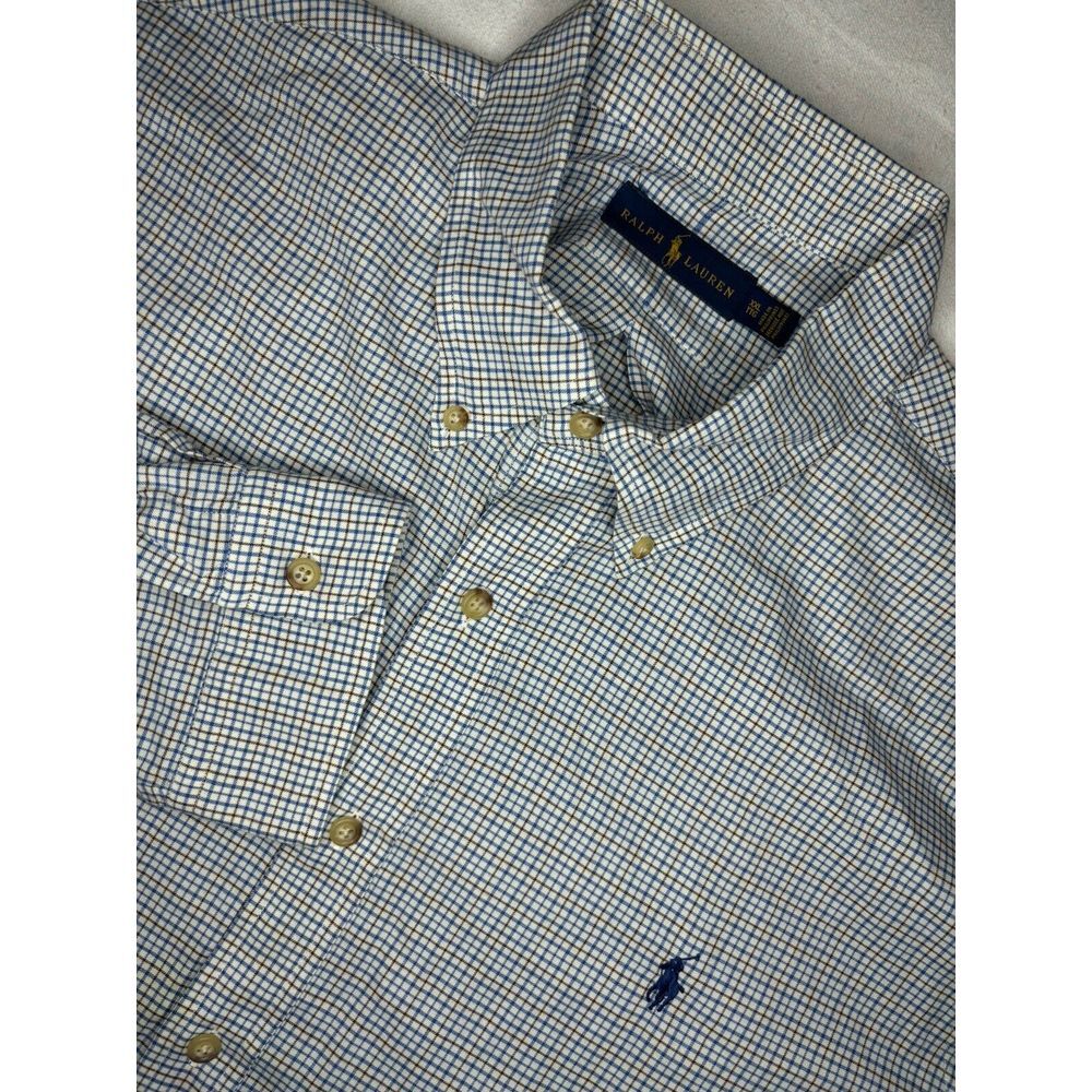 Ralph Lauren Button Down Shirt Men's 2XL XXL Blue & Brown on White Check Pattern
